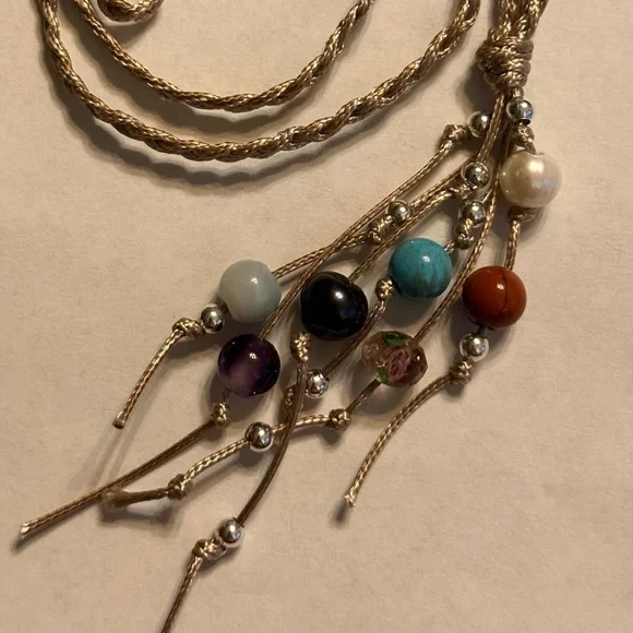 ARTISAN Gemstones and Pearls Braided Tan Cord Tassel Necklace 23 1/2” long - Picture 1 of 14